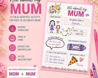 Utskrivbar present till mors dag, kort till mamma, aktivitetssida, målarbild för mors dag, digitalt blommigt kort, digitalt aktivitetsblad för mamma