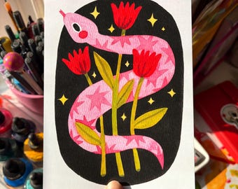 cute illustrated snake and flowers art print