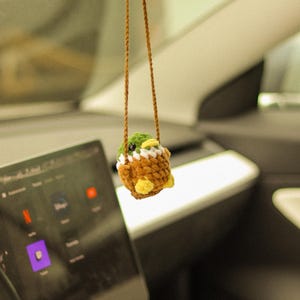 May include: A crocheted duck plush toy hanging from the rearview mirror of a car. The duck is brown, green, and white with yellow accents.