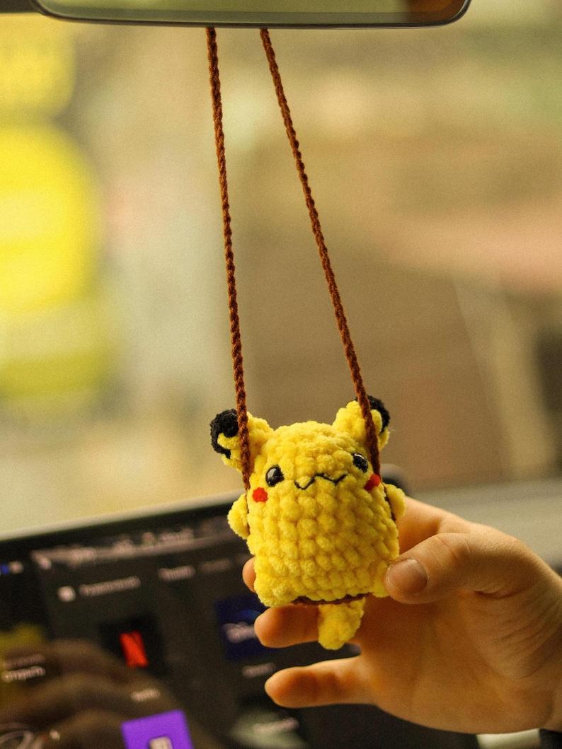 Crochet Pikachu Duck Capybara Car Charm: Swinging Plush Car Mirror Hanger image 1