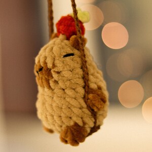 May include: A brown fuzzy plush toy with a red and green hat hanging from a brown rope swing.