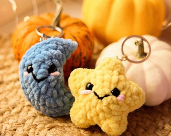 Star and Moon Matching Plush Keychains: Magnetic Kissing Couple Set