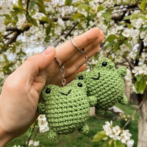 Peut inclure: Deux porte-clés en forme de grenouille verte au crochet, avec des yeux noirs et des bouches souriantes. Les porte-clés sont présentés sur un fond de fleurs blanches et de feuillage vert. Les grenouilles mesurent environ 7,6 cm de haut.