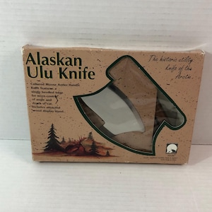 Alaskan Ulu-messenset: handvat van elandgewei, roestvrijstalen mes (nieuwe oude voorraad)
