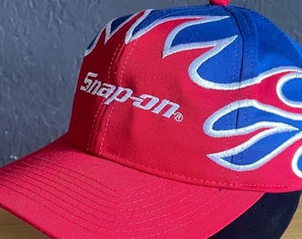 Vintage Snap On Flammen Snapback Cap, Rot Blau Racing Cap