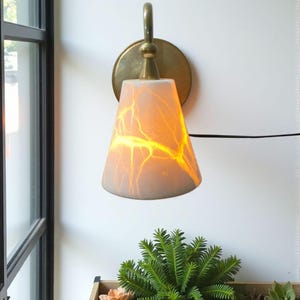 Può includere: Applique da parete in ottone con paralume conico bianco con venature giallo-arancio. L'applique è montata su una parete bianca. Sotto c'è una fioriera con vegetazione. Misure in centimetri.