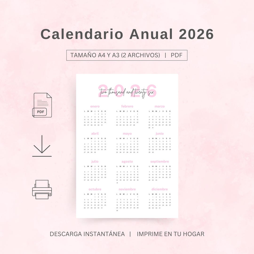 Calendario 2026 Rosa Pastel Minimalista Imprimible En PDF Tamaño A4 Y ...