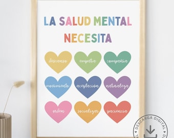 Rainbow mental health poster for therapy office, psychologist office, school counselor, colorful, psychology in Spanish