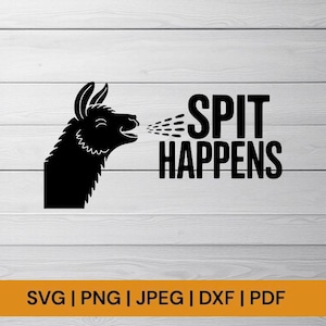 Puede incluir: Silueta en blanco y negro de una llama escupiendo con el texto "SPIT HAPPENS" debajo.