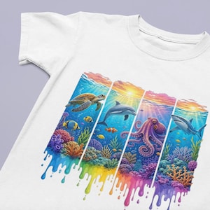Ocean Life Art Quadriptych Digital Download - Sea Turtle, Dolphin, Octopus & Shark