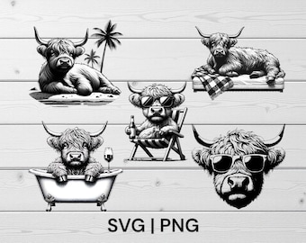 Pacchetto SVG di mucca delle Highlands: Clipart di fattoria per sublimazione e incisione laser (file PNG)