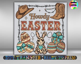 Peut inclure: Graphique numérique sur le thème de Pâques dans le style western. Il présente un chapeau de cowboy, des bottes et le texte "Howdy Easter". Des œufs de Pâques, un lapin à motifs léopard et des éléments décoratifs complètent le design.