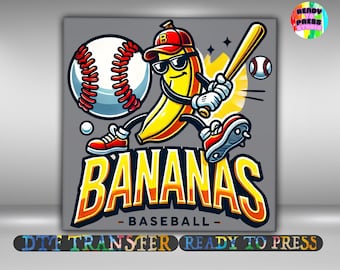 May include: A cartoon illustration features a banana character in a baseball uniform, holding a bat and wearing sunglasses and a baseball cap. The word "BANANAS" is in large yellow letters with an orange outline, and the word "BASEBALL" is below it. A baseball and a baseball are also in the image.