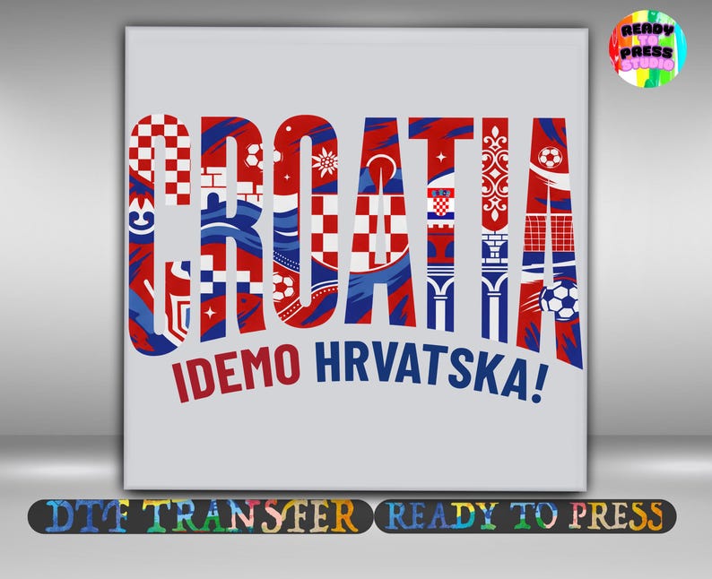 May include: A square graphic with the word "CROATIA" in red, white, and blue, with various patterns and designs. Below, the text "IDEMO HRVATSKA!" is in red. The image has a light gray background.