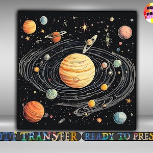 May include: A square black print featuring a colorful illustration of the solar system. The artwork depicts planets, stars, and swirling lines against a dark background. The planets are various sizes and colors, with Saturn's rings visible.