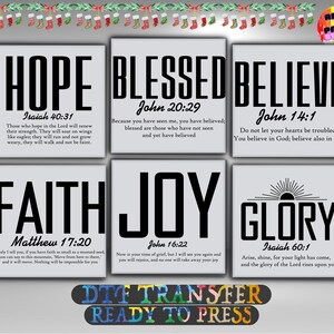 May include: Six square wall art prints with inspirational words: HOPE, BLESSED, BELIEVE, FAITH, JOY, and GLORY. Each print features a bold word, a Bible verse reference, and a related quote in black text on a light gray background. A festive garland of Christmas stockings decorates the top.