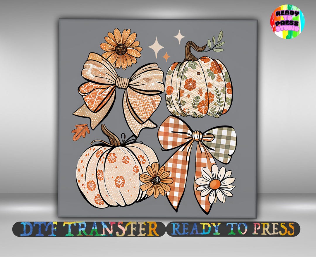 Floral Fall Pumpkin DTF Transfer, Boho Autumn Pumpkins With Bows Design ...