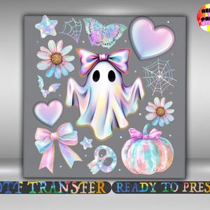 Iridescent Coquette Ghost Halloween DTF Transfer, Ghost Bow Design Iron On Ready To Press, Girly Halloween Print Heat Transfer, Gang Sheet