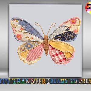 May include: A butterfly graphic featuring a patchwork design with various fabric patterns including pink flowers, blue denim, yellow gingham, and red plaid. The butterfly has a brown textured body and thin antennae, set against a light gray background.