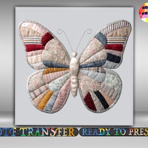 Patchwork Butterfly DTF Transfer, Cottagecore Floral Fabric Design Iron On Ready To Press, Cottagecore Shirts Heat Transfer, 2-15 inch
