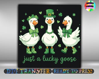 May include: A black background features three cartoon geese with white bodies, orange beaks, and green accents. The geese wear bow ties, hats, and boots, surrounded by shamrocks. The text "just a lucky goose" is at the bottom.