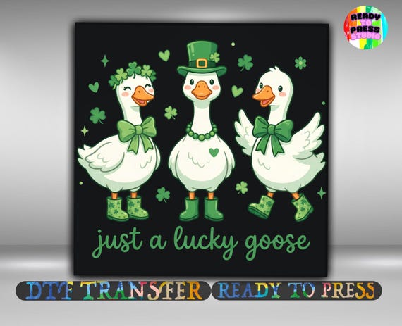 Just a Lucky Goose DTF Transfer, Three Adorable Geese Dressed in St. Patrick’s Day Iron On Ready To Press, Apparel Heat Transfer, 2-15 inch
