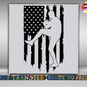 May include: A black and white graphic of a baseball pitcher silhouetted against a distressed American flag. The image includes the text "DTF TRANSFER" and "READY TO PRESS" in a colorful, rounded font.