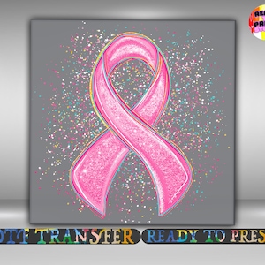 Pink Ribbon Breast Cancer Awareness DTF Transfer, Pink Bow Glitter Effect Iron On Ready To Press, October Support Heat Transfer, Gang Sheet