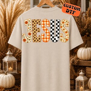Jesus DTF Transfer, Autumn Christian Patchwork Iron On Ready To Press, Fall Floral Leopard Plaid Pumpkin Heat Transfer, 2-15 inch