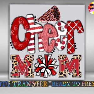 Cheer Mom DTF Transfer, Cheerleading Shirt Design Iron On Ready To Press, Leopard Print Red Glitter Pom Pom Print Heat Transfer, Gang Sheet