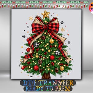 May include: A Christmas tree illustration featuring a large red and black buffalo plaid bow at the top, a gold star, red and black-and-white checkered ornaments, pinecones, red berries, and string lights, surrounded by small snowflakes.