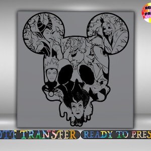 May include: Black and white graphic of Disney villains arranged in the shape of Mickey Mouse's head. The design includes Maleficent, Ursula, and the Evil Queen. The words "DTF TRANSFER" and "READY TO PRESS" are at the bottom.