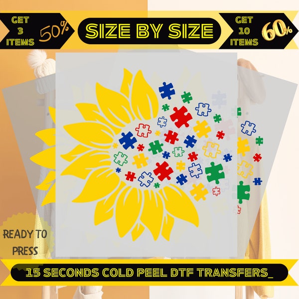 Sunflower Autism Ready To Press, Autism Awareness, Puzzle Piece Dtf Transfer, Autism Shirt, Sublimation Transfer, Heat Transfer,Cold Peel