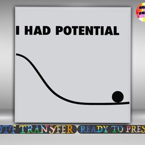 May include: A square graphic design on a light gray background featuring the black text I HAD POTENTIAL at the top. Below the text is a black line depicting a downward slope ending in a flat curve with a solid black circle resting at the bottom.