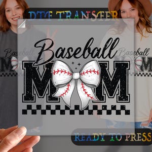 May include: A grey and black baseball mom design with a white bow with red stitching. The design includes the words "Baseball Mom" with a chequered pattern at the bottom.