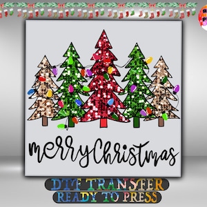 May include: A graphic design featuring five stylised Christmas trees with varying patterns including leopard print, green glitter, and red glitter. The trees are decorated with colourful string lights and the text merry Christmas in black cursive script.