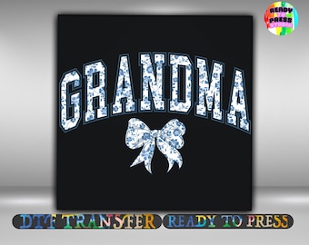 Floral Grandma DTF Transfer, Blue Bow Vintage Style Design Iron On Ready To Press, Mother’s Day Shirts Heat Transfer, 2-15 inch