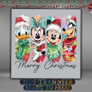 May include: A gray background features four vertical panels with Disney characters: Donald Duck, Minnie Mouse, Mickey Mouse, and Goofy, all dressed in festive holiday attire. The words "Merry Christmas" are written in cursive. The image is a DTF transfer.