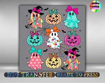 Colorful Halloween DTF Transfer, Ghosts Pumpkins Iron On Ready To Press, Cute Bow Ghost Jack O Lantern Splatter Heat Transfer, Gang Sheet