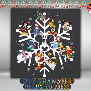 Disney Christmas Snowflake DTF Transfer, Mickey Minnie Stitch Pooh Holiday Iron On Ready To Press, Family Christmas Heat Transfer, 2-15 inch