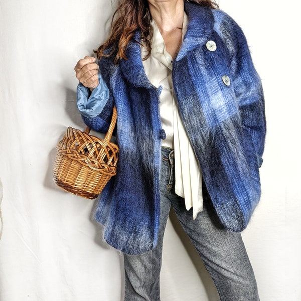 Manteau en pure laine mohair et mérinos français, laine des Pyrénées tissée et fabriqué à la main , veste écossais bleu, caban pure laine
