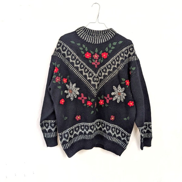 Pull vintage 1980 style autrichien brodé de fleurs, pull over oversize avec broderie florale noir et rouge, taille M, L, XL