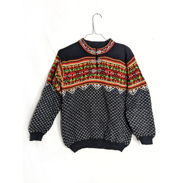 Pull norvégien vintage 1980 1990 laine, broderie, taille XS/S, tricot scandinave brodé fair isle, pull chaud décontracté, pull sportif ski