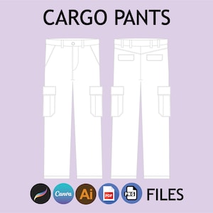 May include: A line drawing of a pair of cargo pants. The pants are shown from the front and back. The drawing is in black and white and is on a light purple background. The text "CARGO PANTS" is at the top of the image. Below the drawing are icons for Canva, Adobe Illustrator, PDF, and PNG files.