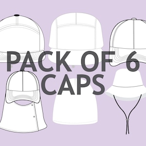 May include: A pack of six white baseball caps, including a bucket hat and a cap with a neck flap. The text "PACK OF 6 CAPS" is printed in black.