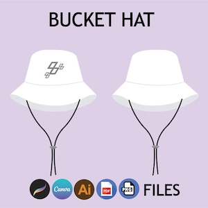 Puede incluir: Sombrero blanco de cubo con cordón de ajuste negro. El sombrero tiene un gráfico de un número 9 estilizado en la parte delantera. El sombrero está disponible en formatos digitales, incluidos AI, Canva, PDF y PNG.