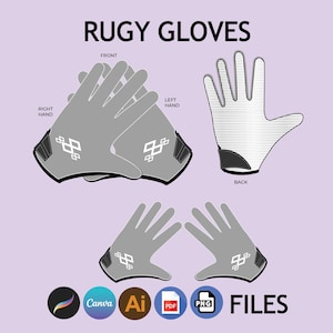 以下が含まれることがあります： 白のディテールが付いたグレーのラグビーグローブのペア。グローブは正面と背面から表示されています。画像の上部には「RUGY GLOVES」というテキストがあります。テキスト「FRONT」、「LEFT HAND」、「RIGHT HAND」、「BACK」は、グローブのさまざまなビューをラベル付けするために使用されます。テキスト「FILES」は画像の下部にあり、Canva、Adobe Illustrator、PDF、PNGのアイコンとともに表示されます。