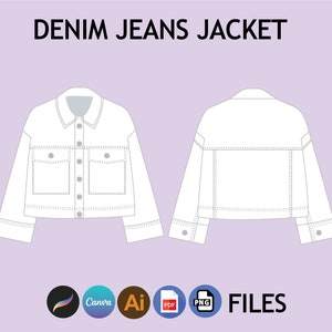 May include: A white denim jacket with a button closure and two flap pockets. The jacket has a cropped length and long sleeves. The image shows the front and back views of the jacket.