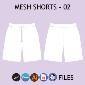 May include: White mesh shorts with a drawstring waist. The shorts are shown from the front and back. The image includes the text "MESH SHORTS - 02" and icons for Canva, Adobe Illustrator, PDF, and PNG files.