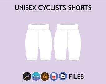 May include: White unisex cyclist shorts mockup template. The template is available in Canva, AI, PDF, and PNG file formats.  FILES text is also included in the image.